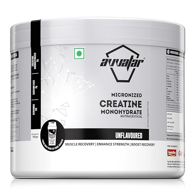 "Avataar Creatine supplement displayed in a sleek, premium container with a minimalist design, featuring the Avataar logo in bold lettering. The container is modern, with a clean, black and silver aesthetic. Next to it, a shaker bottle filled with water and a scoop of creatine powder, ready for consumption. The background shows a fitness setting with gym equipment and weights, creating an energetic atmosphere. The image highlights Avataar Creatine’s focus on high-quality, effective supplementation for improved strength and performance during workouts