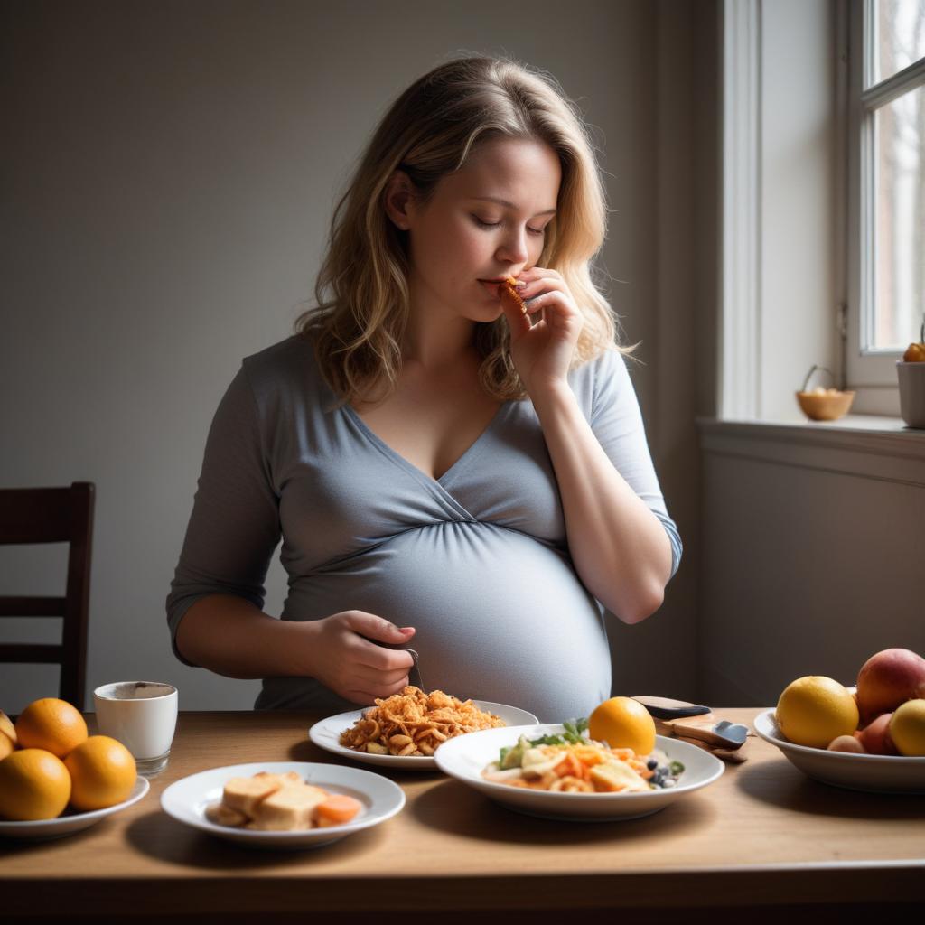 A pregnant woman sitting at a kitchen table, enjoying a nutritious meal. She has a radiant smile and is gently resting her hands on her baby bump. The meal in front of her is colorful and healthy, consisting of a variety of fresh vegetables, fruits, whole grains, and lean proteins. The woman is wearing a casual, comfortable maternity outfit, and her hair is styled in a simple, relaxed manner. The kitchen setting is bright and airy, with sunlight streaming through the windows, creating a warm and inviting atmosphere. The scene emphasizes the importance of healthy eating during pregnancy, with a focus on well-balanced foods that promote the wellbeing of both mother and baby.