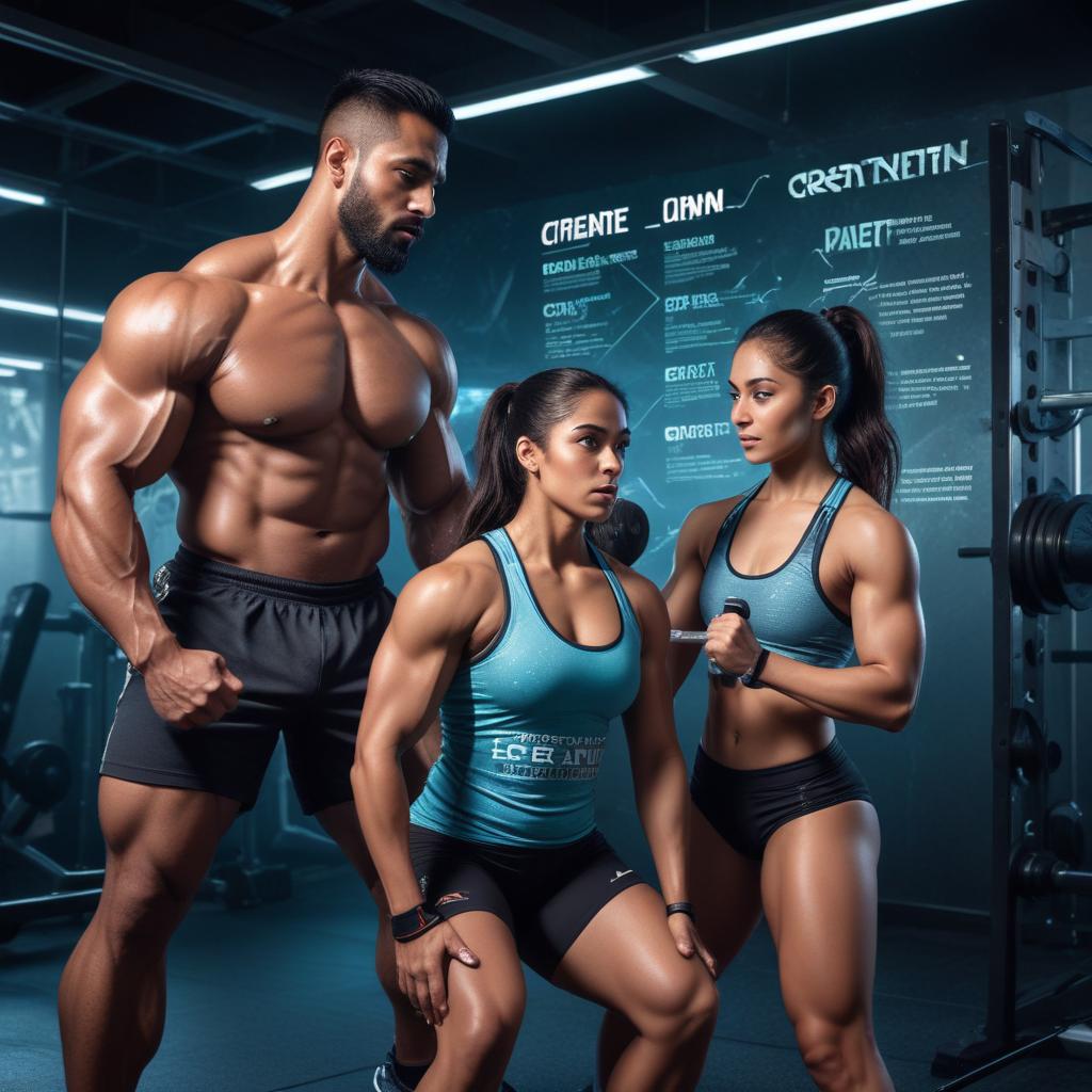 Three individuals standing together in a bright, modern gym setting, each holding a container of creatine supplement. One person, a man, is scooping creatine powder into a shaker bottle, while the others, a woman and another man, are watching and preparing their own servings. They all look focused and motivated, wearing athletic gear. The gym in the background is well-lit with fitness equipment visible, and the atmosphere is energetic and positive. The image conveys the idea of teamwork and dedication to fitness through the use of supplements like creatine