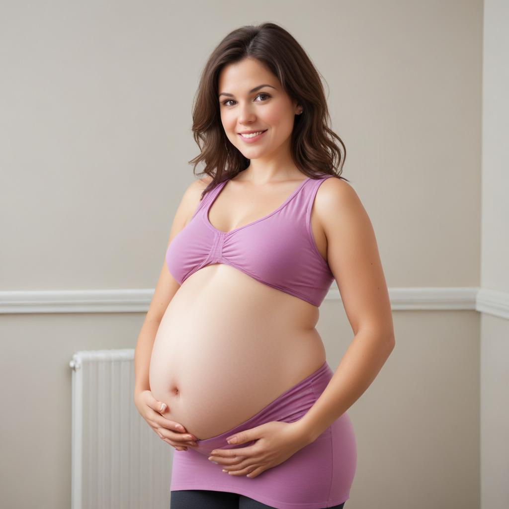 A pregnant woman standing with a smile, gently resting her hands on her baby bump. She appears joyful and confident, wearing a comfortable maternity dress. Her posture is relaxed, and she has a healthy, glowing appearance. The background is soft and serene, with pastel colors, giving off a peaceful, uplifting atmosphere. The woman has a medium skin tone, and her hair is tied back in a simple, elegant style. The scene conveys warmth, happiness, and the beauty of pregnancy