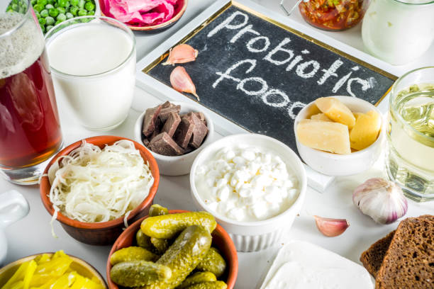 Super Healthy Probiotic Fermented Food Sources, drinks, ingredients, on white marble background copy space top view , gut health , gut health chennai