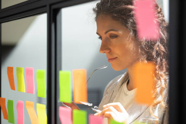 Head shot close up thoughtful young female boss team leader looking at kanban scrum glass window board, developing start up project marketing strategy, managing workflow, checking tasks at office. , chennai , weight loss , busy , chennai busy people