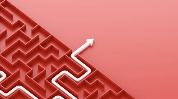 A white arrow finding a path through a red maze, representing problem-solving, strategy, and direction in complex situations. 3d illustration. chennai , busy , people , busy weight loss